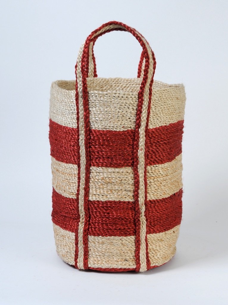Small round jute basket - Available in Red or Charcoal stripe