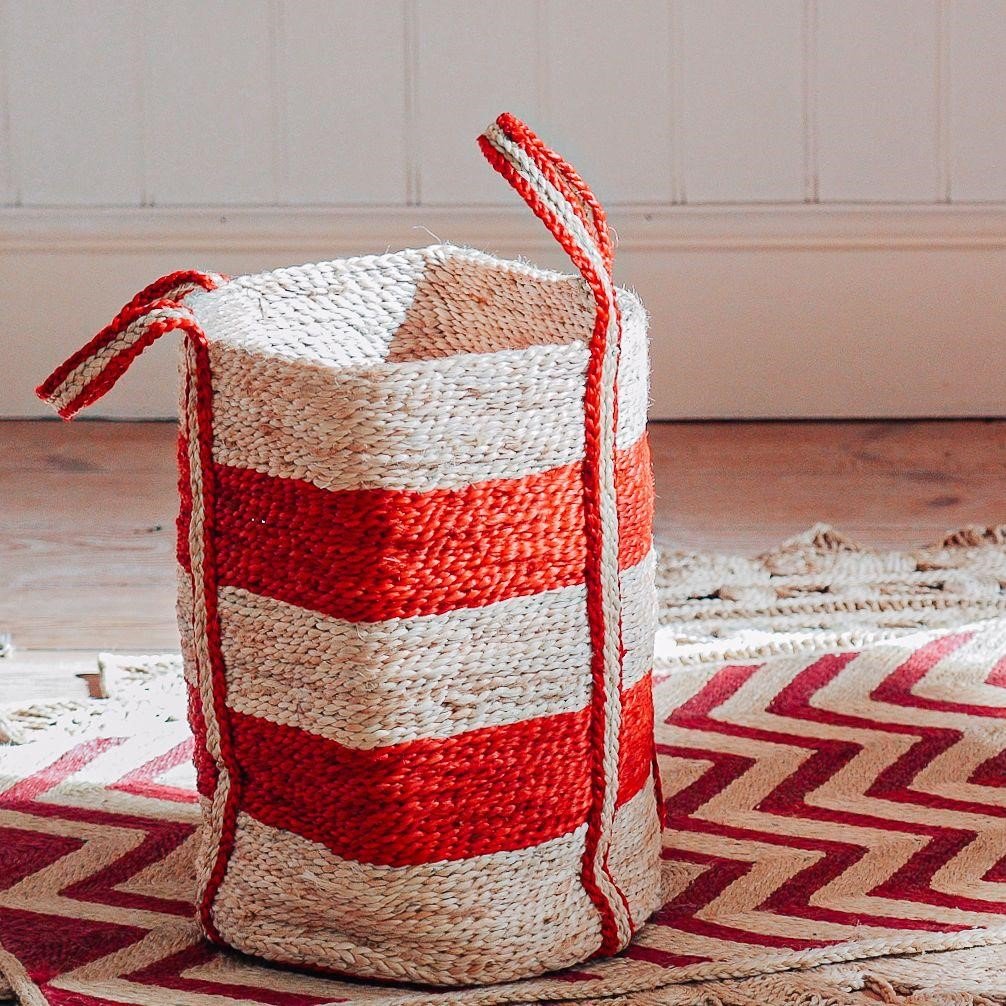 Small round jute basket - Available in Red or Charcoal stripe - Image 4